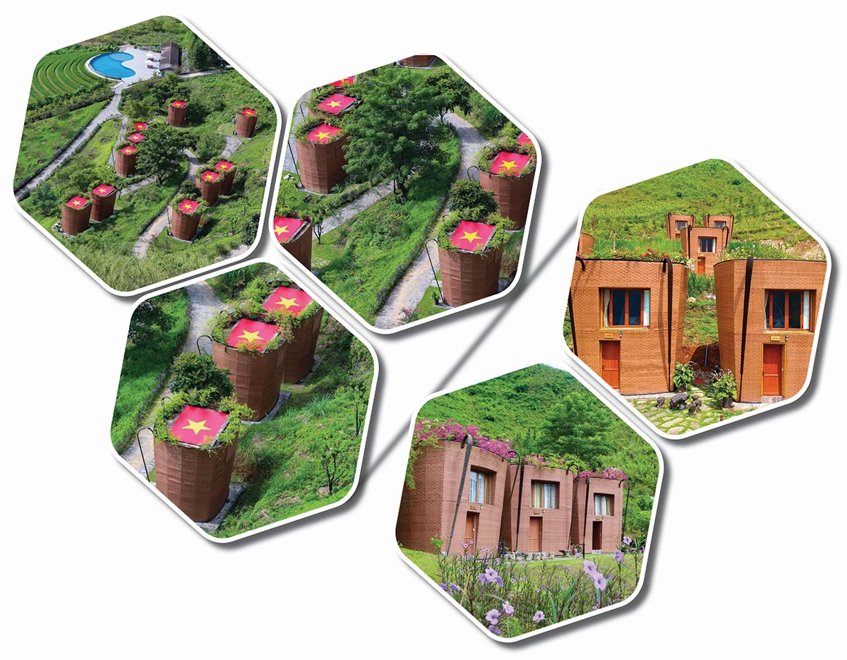 Những bungalow hình quẩy tấu tại Khu nghỉ dưỡng H’Mong Village phủ kín cờ đỏ sao vàng tạo nên khung cảnh vừa choáng ngợp, vừa thiêng liêng.