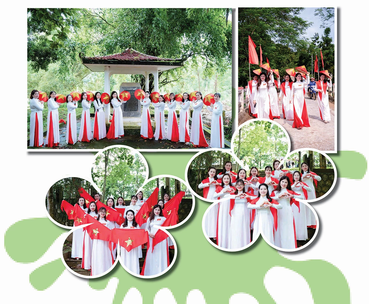 Nữ cán bộ, đảng viên xã Bằng Hành về nguồn tại Tiểu khu cách mạng Trọng Con trong trang phục mang sắc đỏ sao vàng thiêng liêng.