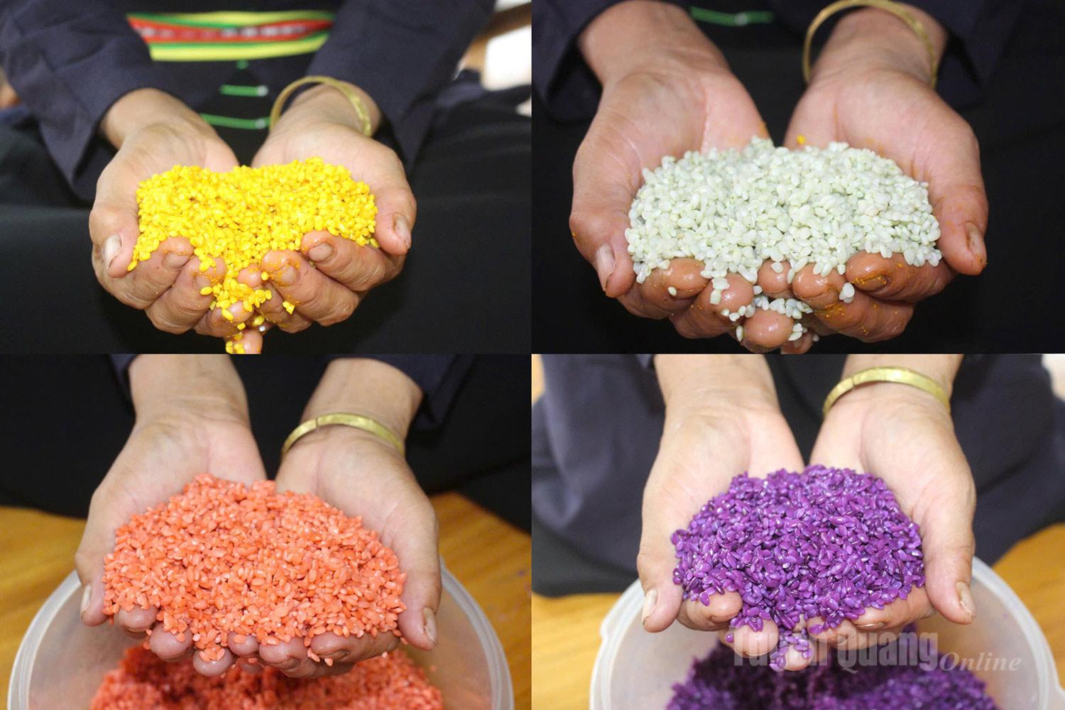 The rice is soaked in natural colour extracts for three to four hours. Then left overnight before steaming.