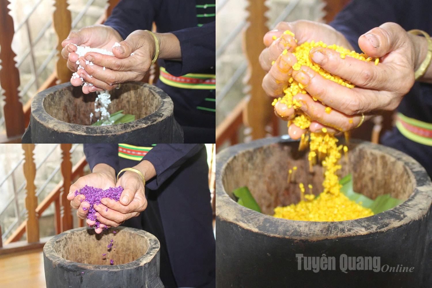 Depending on the quantity, the rice may be steamed separately by colour or together in layers, separated by bamboo weaves to prevent the colours from mixing.