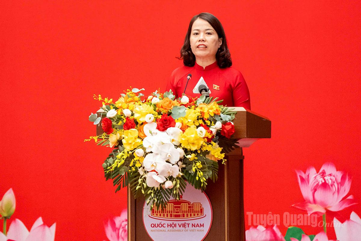 Đồng chí Lý Thị Lan, Ủy viên Ban Thường vụ Tỉnh ủy, Trưởng Đoàn ĐBQH hoạt động chuyên trách khóa XV tỉnh phát biểu tại hội thảo.