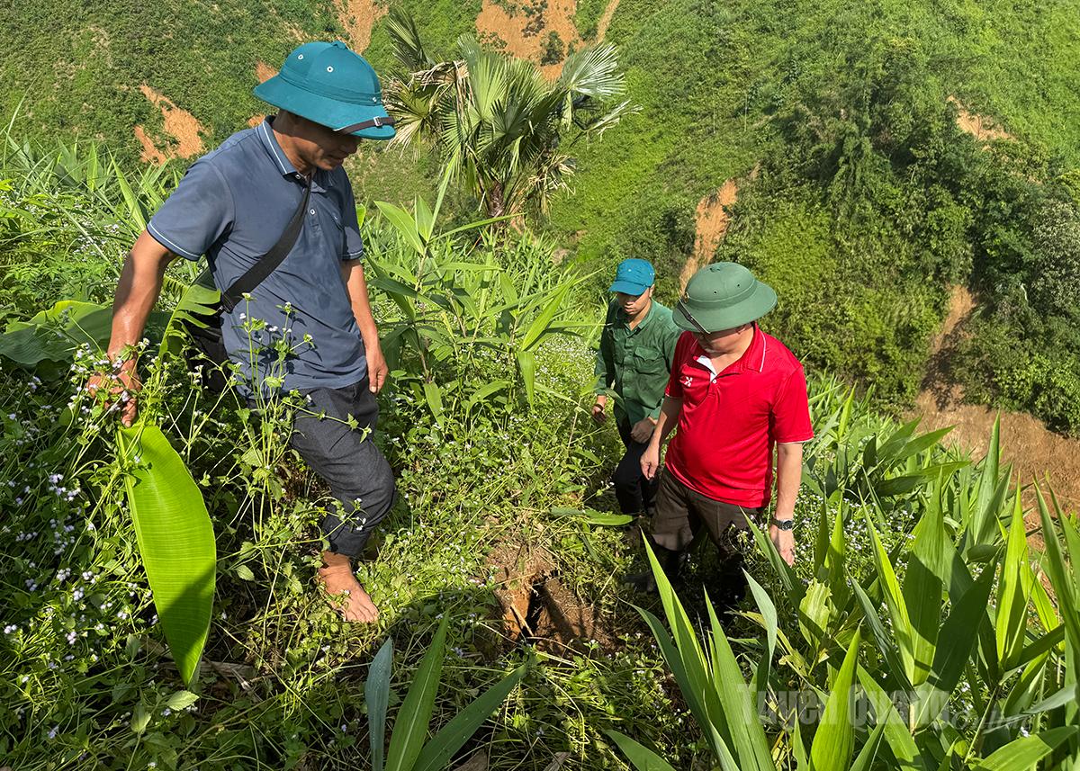Đoàn công tác của Sở Nông nghiệp và Môi trường, UBND xã Yên Phú kiểm tra vết nứt trên đỉnh núi Cổng Trời thuộc thôn Ngõa.