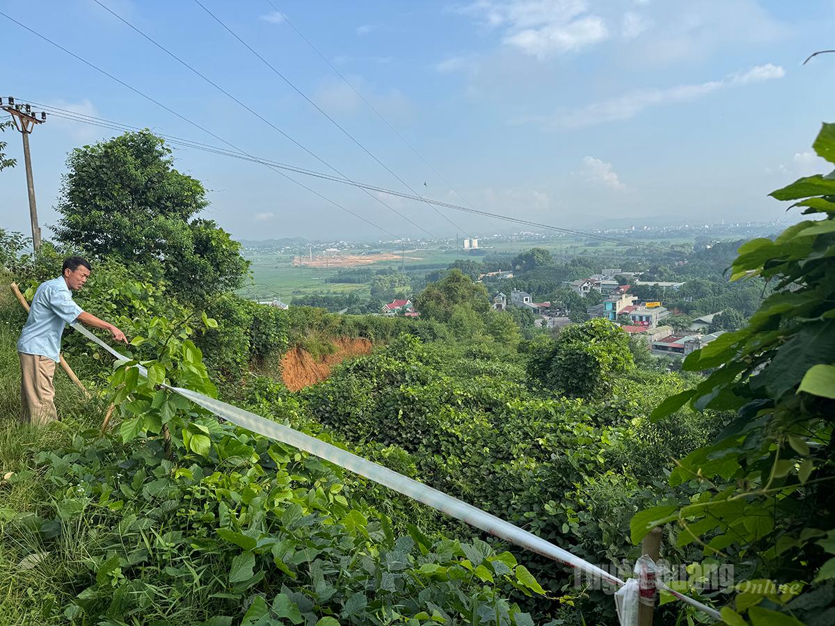 Vị trí sạt trượt đất trên đỉnh đồi Vi-ba được căng dây cắm biển nghiêm cấm người đi vào khu vực sạt trượt.