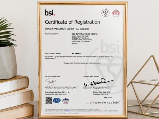 Nha Khoa Quốc Tế BIK đạt chứng nhận quốc tế ISO 9001:2015 của Vương Quốc Anh