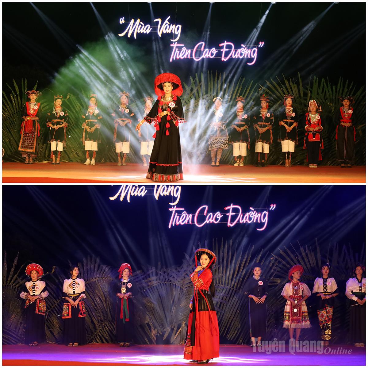 Phần thi trình diễn trang phục truyền thống đặc sắc của các dân tộc Tày, Dao, Mông, Nùng… đến từ hơn 30 cô gái đại diện cho nét đẹp độc đáo của các thôn trên địa bàn xã.