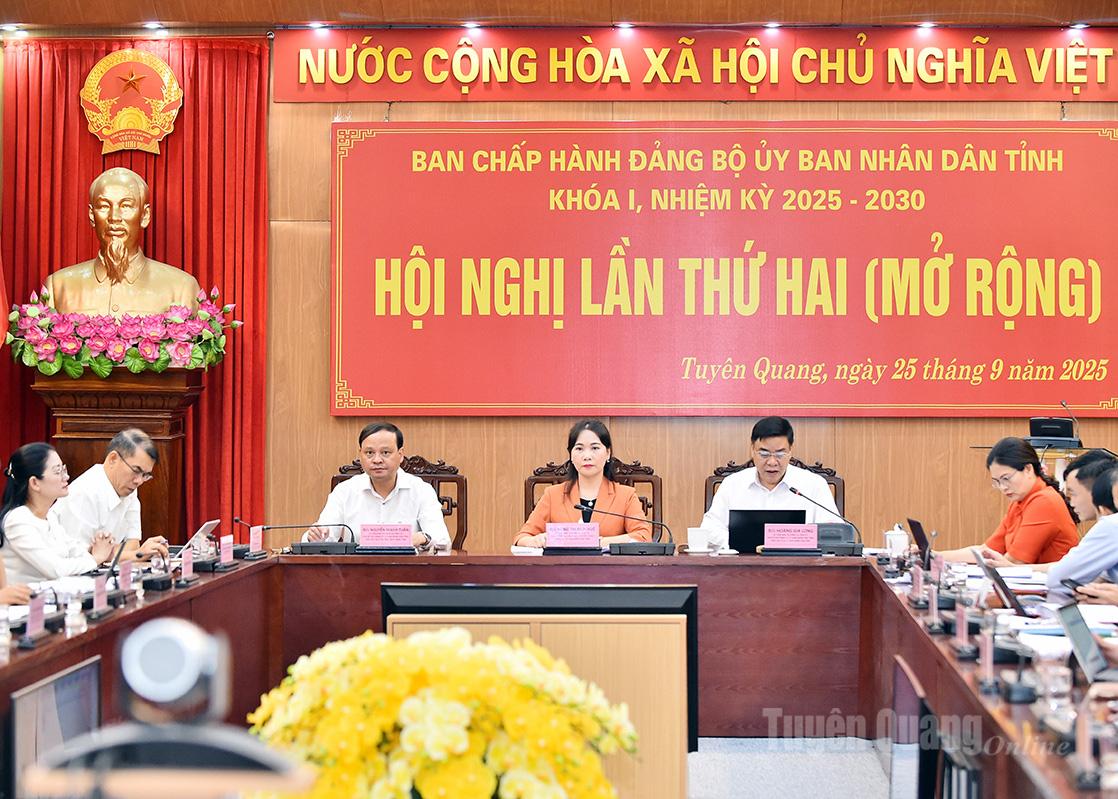 Các đồng chí lãnh đạo Đảng ủy UBND tỉnh chủ trì hội nghị.