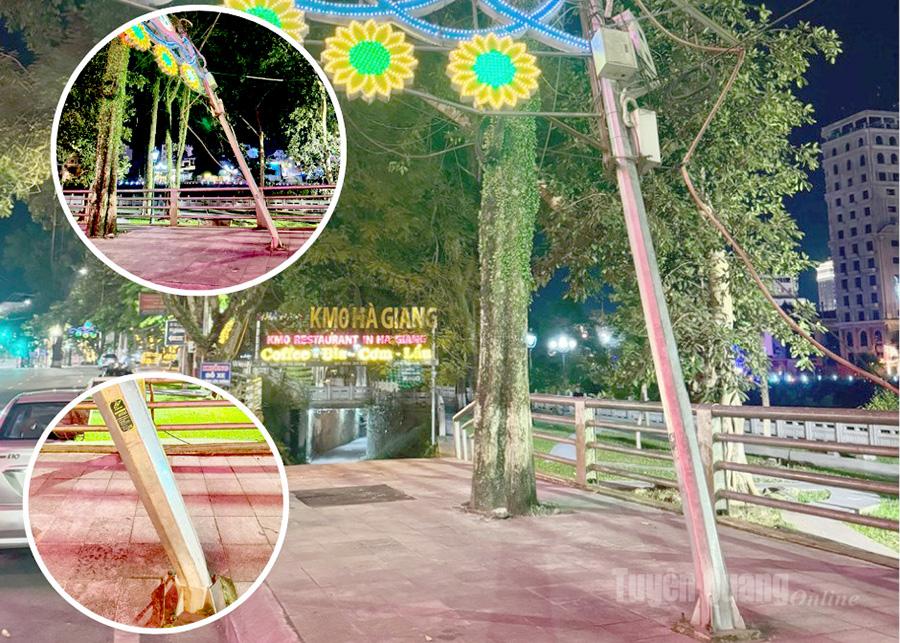 Trụ lắp camera giao thông tại khu vực tổ 5 Nguyễn Trãi, đường Nguyễn Trãi, phường Hà Giang 1 (đoạn ngã 4 giao nhau giữa đường Nguyễn Trãi với đường 20/8) bị gãy nghiêng, tiềm ẩn nguy cơ mất an toàn đối với người đi đường và gây mất mỹ quan đô thị. Ảnh chụp tối 25/9/2025.