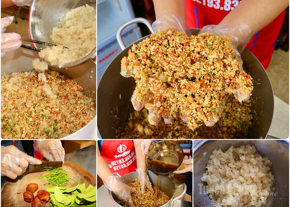 The ingredients for the traditional mixed filling are processed manually to retain their full flavor, including pork fat, Chinese sausage, kumquat, lime leaves, all mixed together. Finally, sugar syrup is added as a secret to create the distinctive aroma of the cake.
