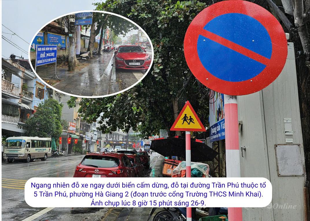 Ngang nhiên đỗ xe ngay dưới biển cấm dừng, đỗ tại đường Trần Phú, phường Hà Giang 2