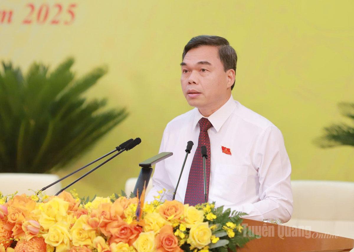 Đồng chí Ma Thế Hồng, Phó Bí thư Tỉnh ủy, Chủ tịch Ủy ban MTTQ Việt Nam tỉnh trình bày Tờ trình số 22-TTr/TU - Ảnh Thanh Phúc