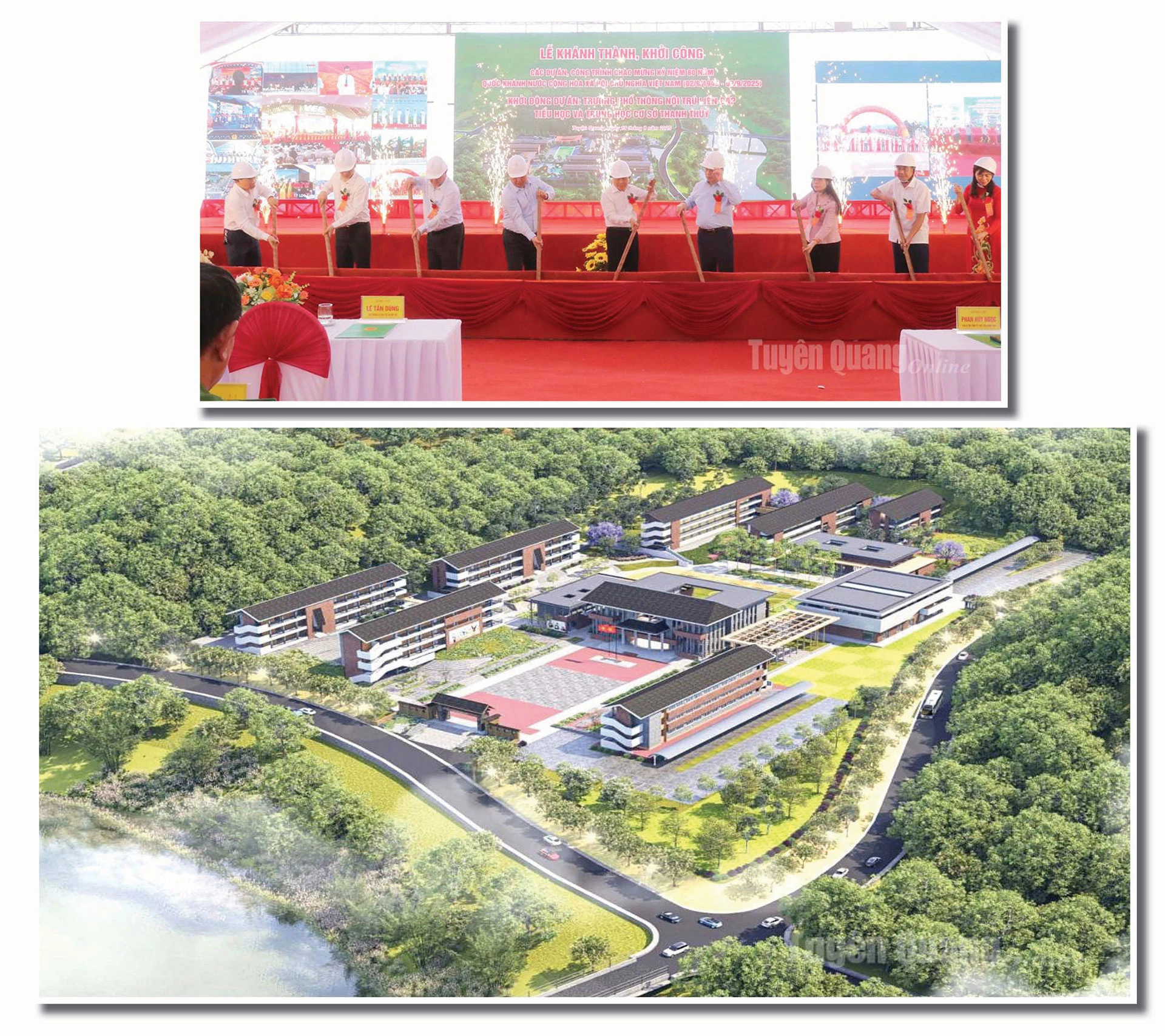  Các đại biểu thực hiện nghi lễ động thổ xây dựng công trình Trường Phổ thông Nội trú liên cấp Tiểu học và THCS Thanh Thủy (ảnh trên); Phối cảnh trường Phổ thông Nội trú liên cấp Tiểu học và THCS Thanh Thủy (ảnh dưới).

