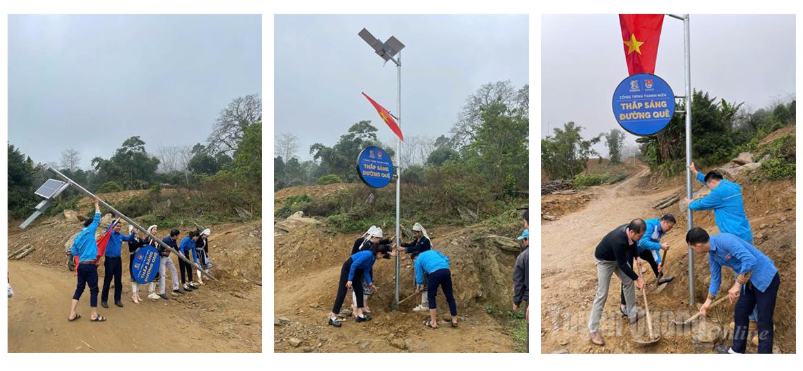 Đoàn thanh niên xã Hồng Thái lắp đặt đèn năng lượng mặt trời.