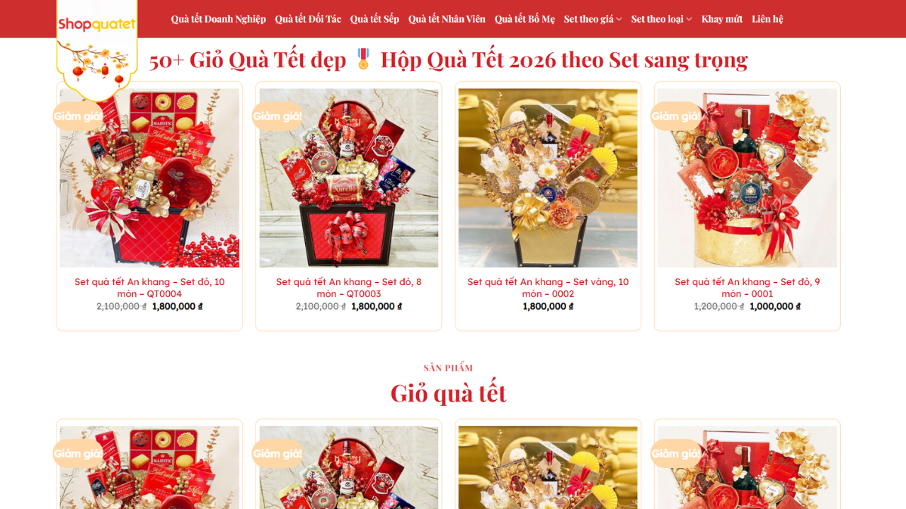 Website  Shopquatet.com trưng bày các giỏ quà Tết với nhiều mức giá và thiết kế