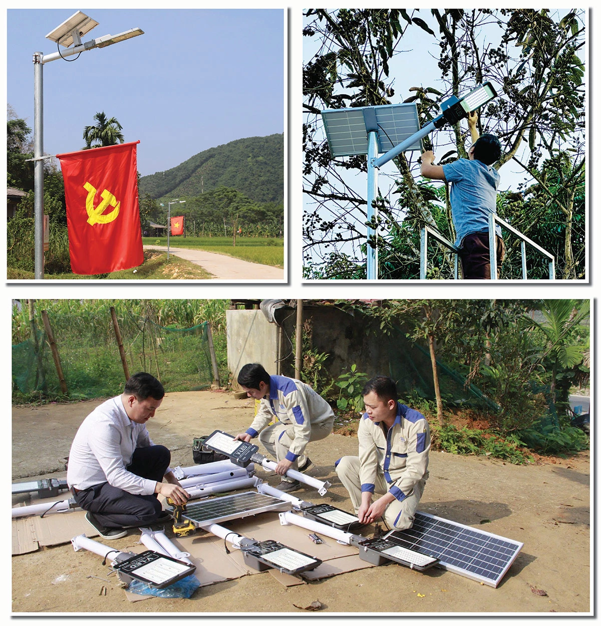 Công nhân Công ty TNHH giải pháp công nghệ Hà Giang lắp đặt hệ thống điện mặt trời.


