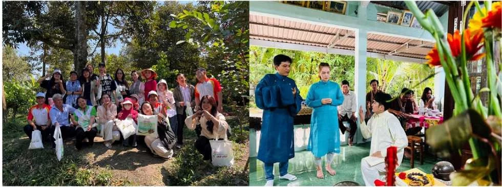 Trải nghiệm tour tham quan vườn sầu riêng đầu dòng tại Cái Mơn (Chợ Lách) và Trải nghiệm thực hành phong tục lễ bái tổ tiên xưa tại Mỹ Xương (Cao Lãnh). Ảnh VP Đọc sách cùng Xích Lô
