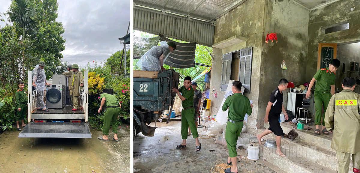 Công an xã Xuân Vân hỗ trợ người dân di dời tài sản. Ảnh: Như Quỳnh