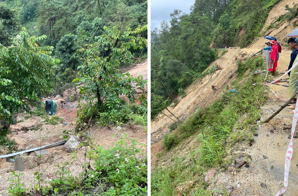 Km5, QL4C thuộc xã Đồng Văn. Sạt lở đất dá từ taluy dương xuống mặt đường đẩy một chiếc xe đang lưu thông xuống vực. Không có thiệt hại về người. Ảnh: Thảo Nguyên