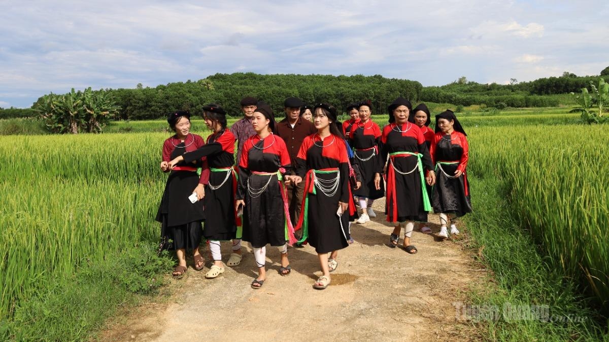 The rural road in Khuon Then winds through lush green rice fields, reflecting the simple and peaceful life of the Cao Lan people.