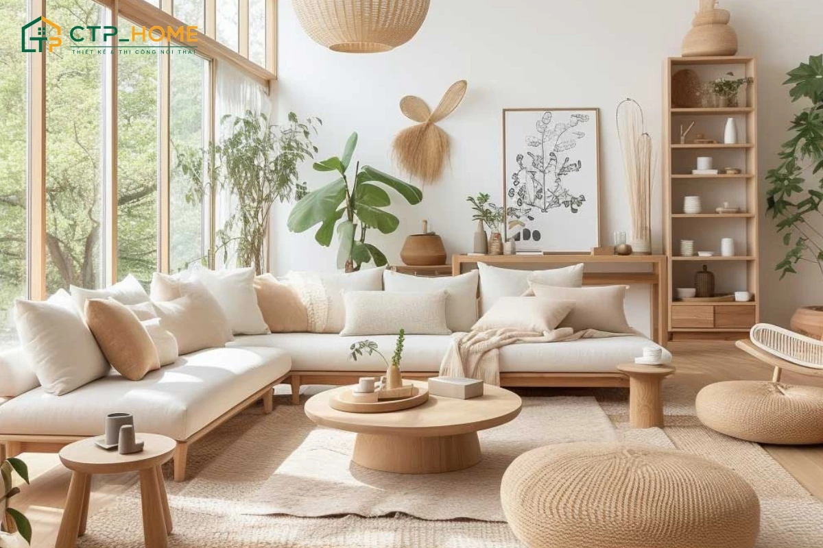 Mẫu thiết kế nội thất chung cư Japandi với tone màu trầm ấm và gần gũi với thiên nhiên
