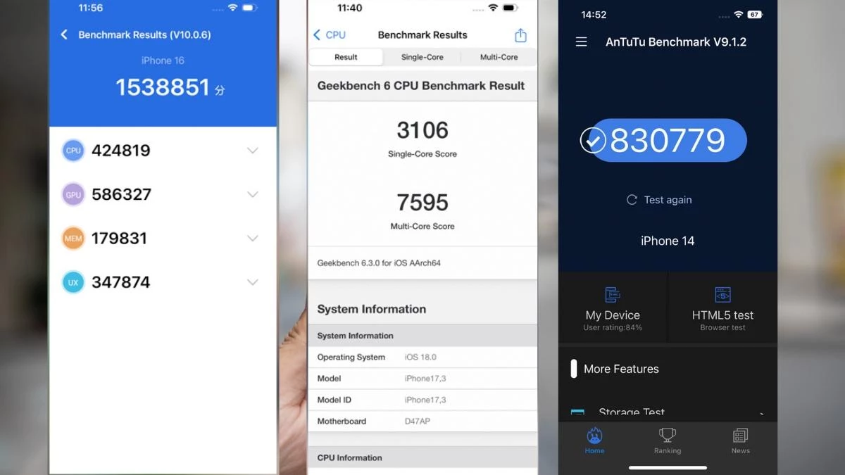 Điểm số AnTuTu trên iPhone 14 và iPhone 16
