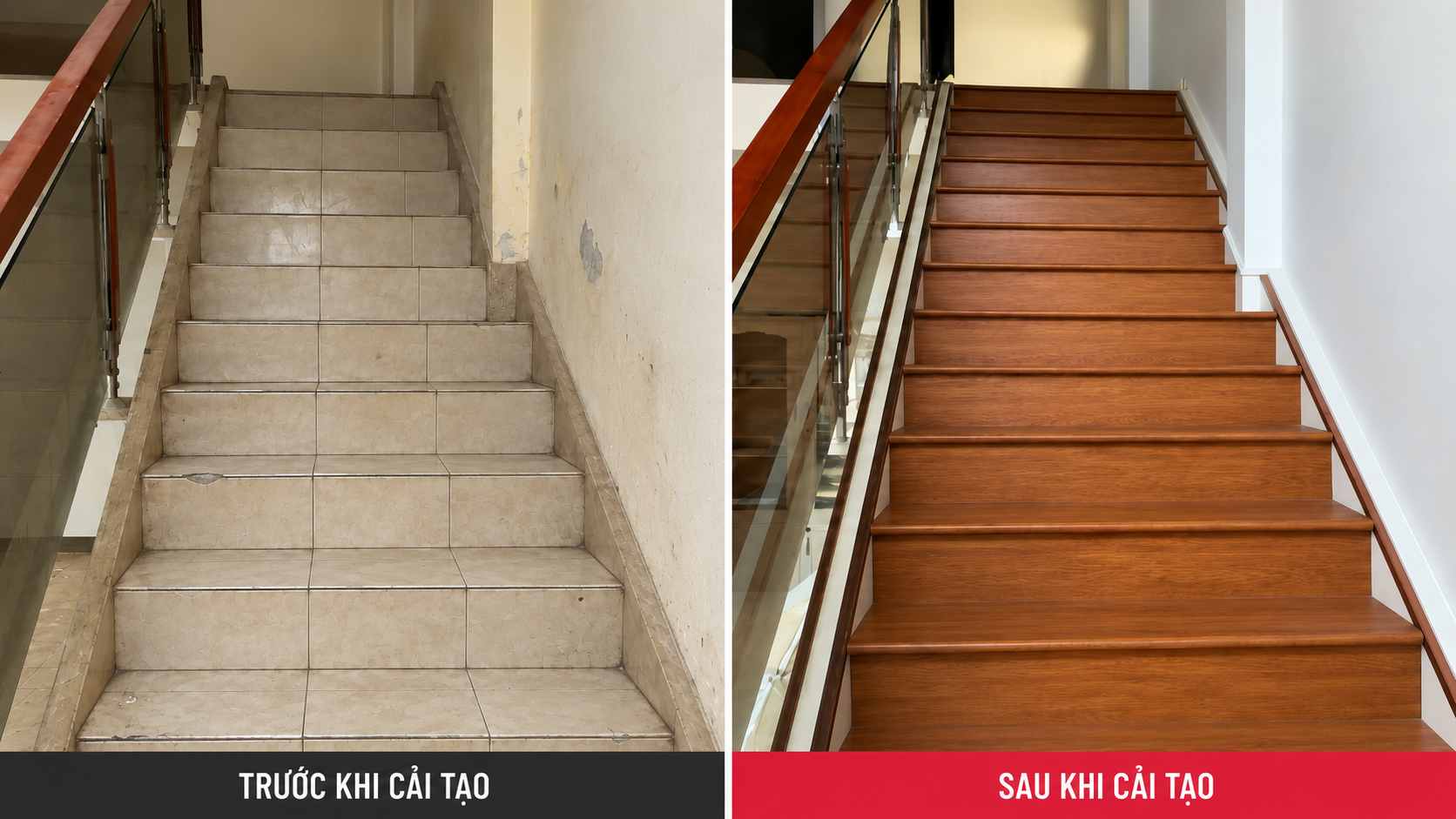 Cải tạo cầu thang với bộ mặt bậc nhựa giả gỗ sang trọng