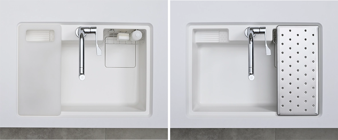 Mối gắn xử lý tại nhà máy - keo đồng màu, mài phẳng, không đường silicone quanh miệng chậu.