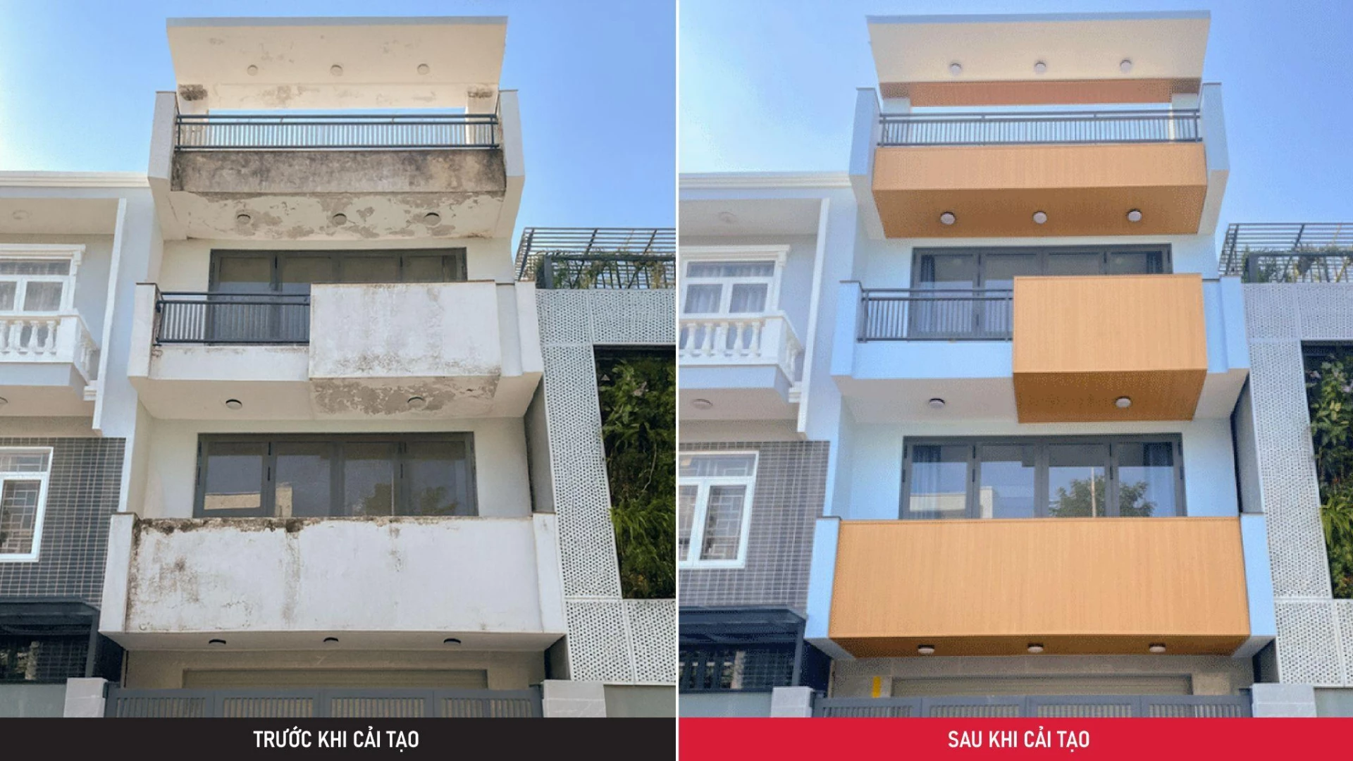 Cải tạo nâng cao thẩm mỹ mặt tiền nhà ở bằng gỗ nhựa ngoài trời ốp ban công