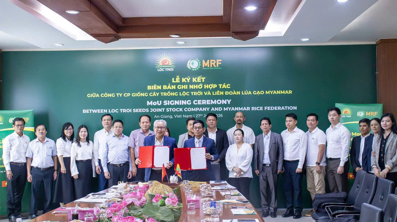Liên đoàn Lúa gạo Myanmar (MRF) và Tập đoàn Lộc Trời ký kết Biên bản ghi nhớ hợp tác (MOU) ngày 27/7/2026. Ảnh: Tư liệu sự kiện