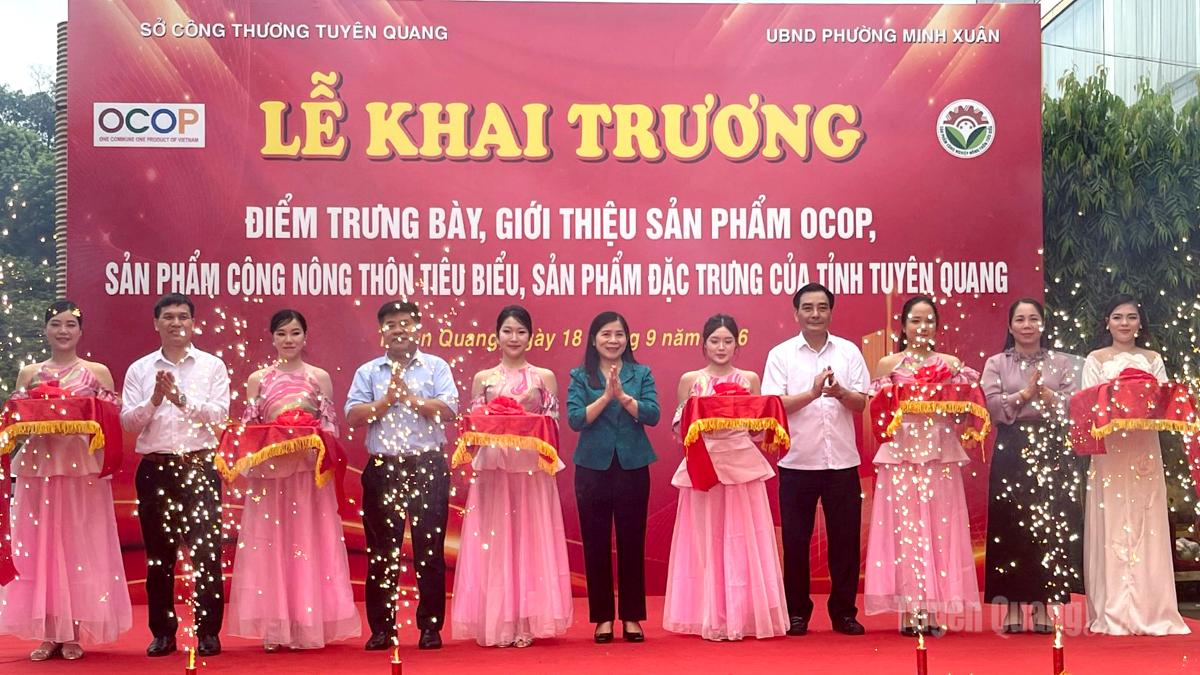 Phó Chủ tịch HĐND tỉnh Lê Thị Thanh Trà cùng các đại biểu cắt băng khai trương điểm trưng bày, giới thiệu và bán các sản phẩm OCOP của tỉnh.
