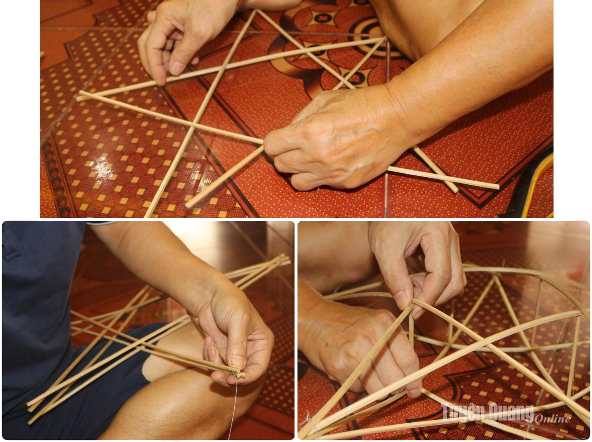 Từ những nan tre đã vót tròn, người thợ tỉ mẩn uốn, buộc từng mối dây để tạo nên khung đèn ông sao cân đối, chắc chắc.