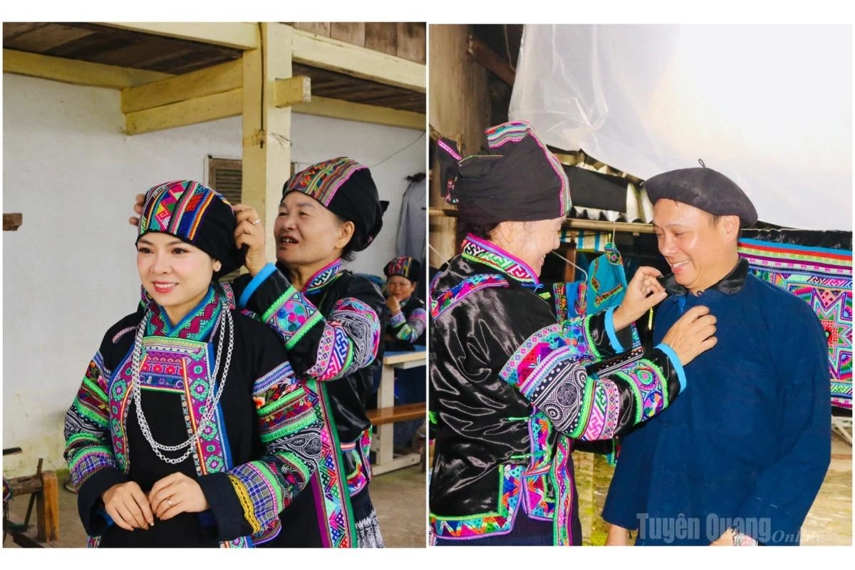 Bo Y women teach others how to put on traditional garments, arrange headscarves, and adjust their outfits before taking part in community cultural activities.