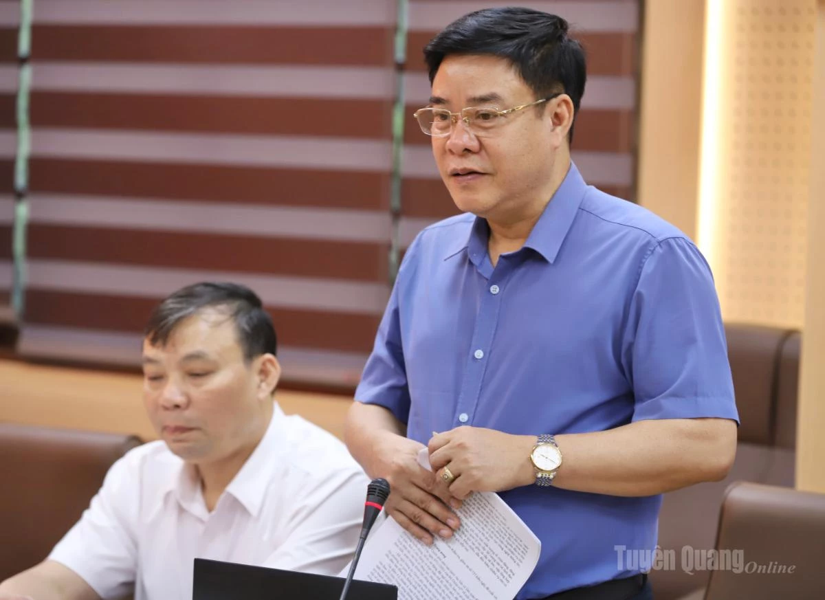 Đồng chí Hoàng Gia Long, Phó Bí thư Đảng uỷ, Phó Chủ tịch UBND tỉnh nêu những khó khăn, vướng mắc trong công tác lãnh đạo thực hiện một số nhiệm vụ trọng tâm.