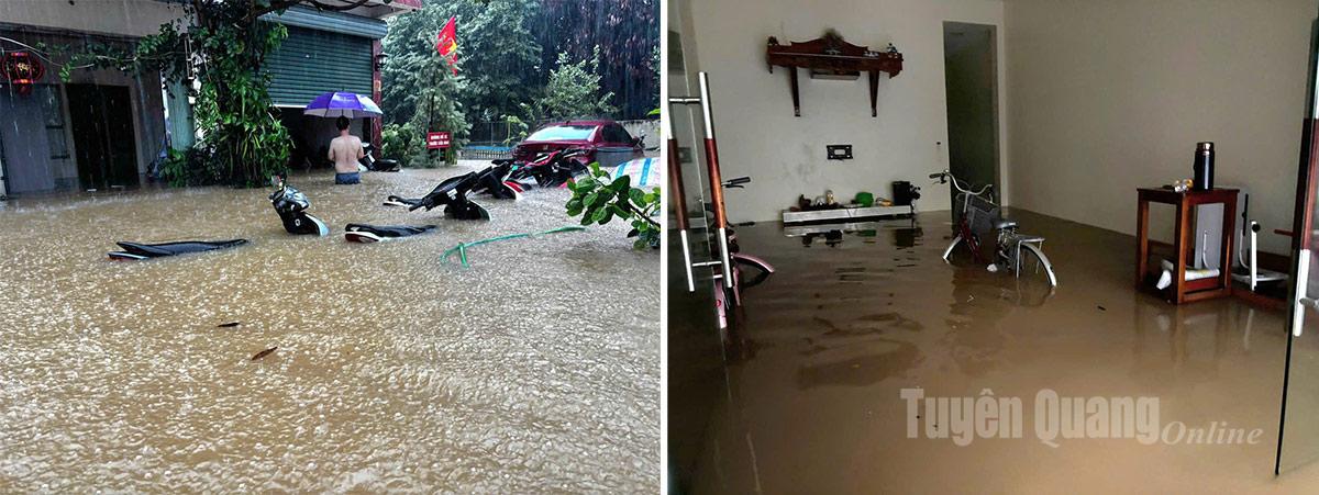 Nhà ở và tài sản của các hộ dân ngõ 200, tổ dân phố 2 Minh Khai, phường Hà Giang 2 ngập sâu trong nước. Ảnh: Mộc Lan