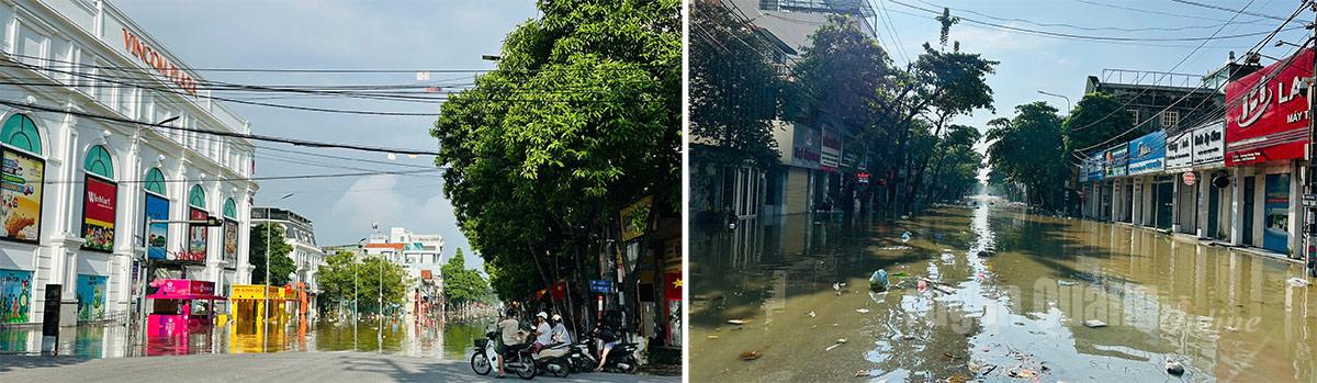 Đoạn đường Quang Trung, phường Minh Xuân nước ngập từng đoạn. Ảnh: Thu Hằng