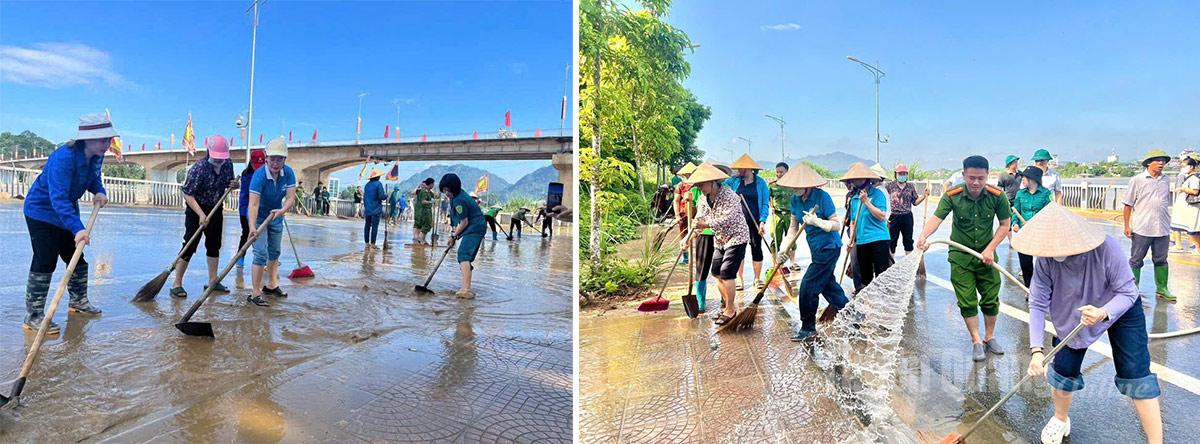 Cán bộ, nhân viên, lực lượng vũ trang và nhân dân phường Nông Tiến đang dọn dẹp vệ sinh tuyến đường Việt Bắc bị ảnh hương nặng nề cơn bão - ảnh Minh Thuỷ
