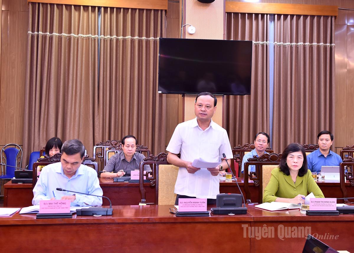 Đồng chí Phó Chủ tịch Thường trực UBND tỉnh Nguyễn Mạnh Tuấn phát biểu báo cáo với đoàn công tác.
