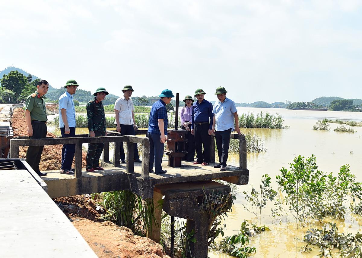 Đồng chí Ma Thế Hồng và đoàn công tác kiểm tra công trình kè đê sông Lô tại khu vực xã Trường Sinh.
