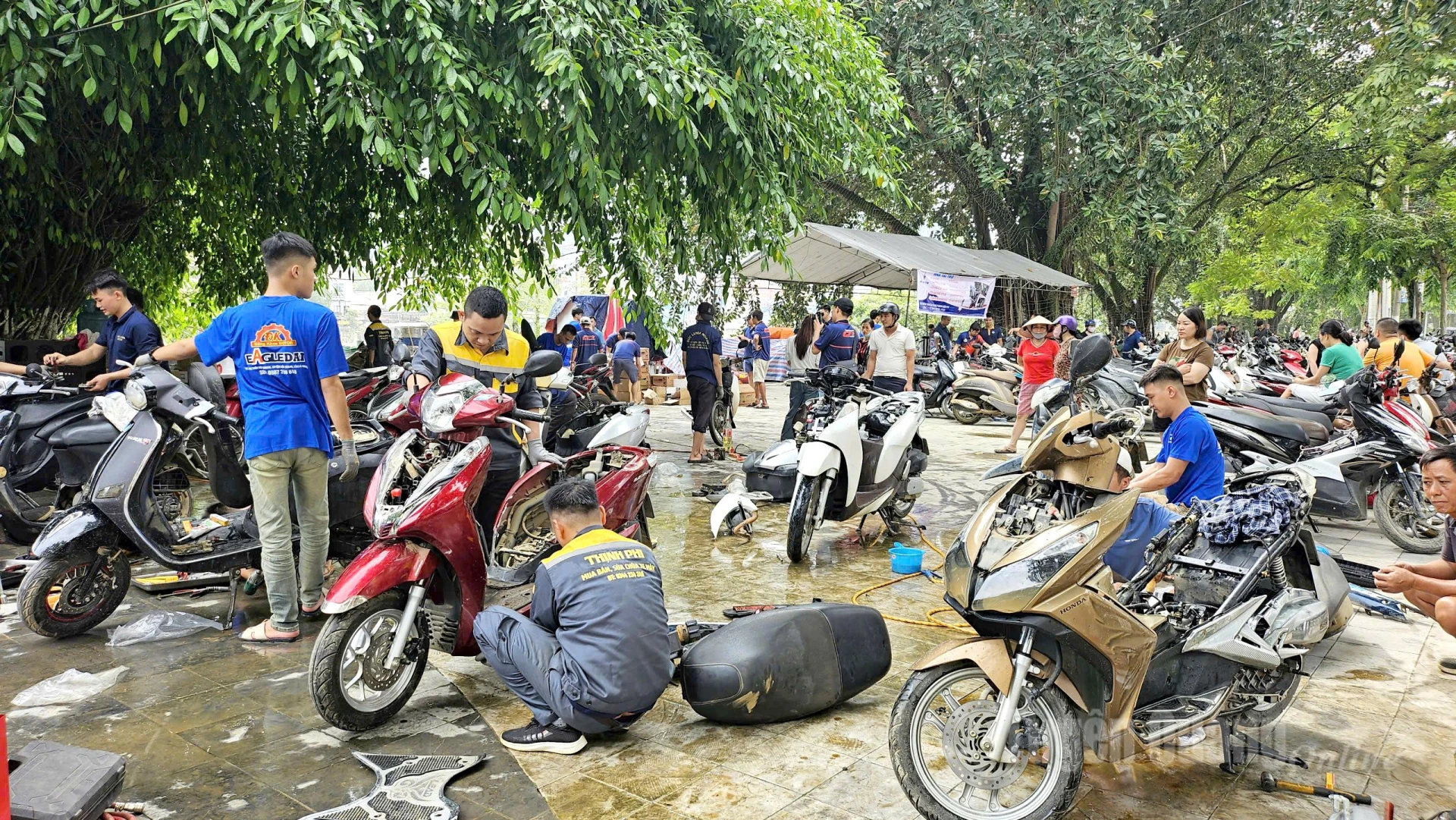 Ngay từ sáng sớm đã có rất đông người dân mang xe máy để sửa miễn phí.