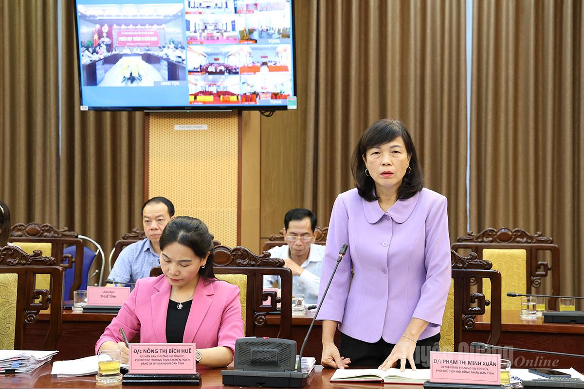 Đồng chí Phó Chủ tịch HĐND tỉnh Phạm Thị Minh Xuân phát biểu thảo luận tại phiên họp.