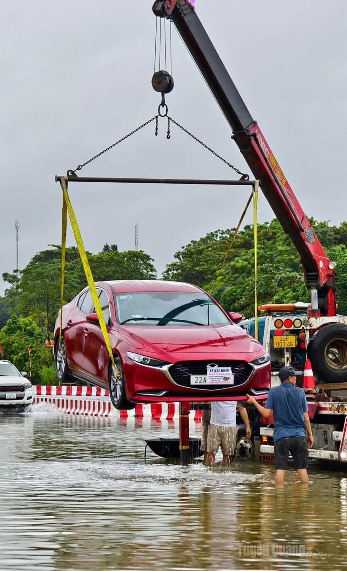 Lực lượng cứu hộ cẩu những chiếc xe gặp nạn.