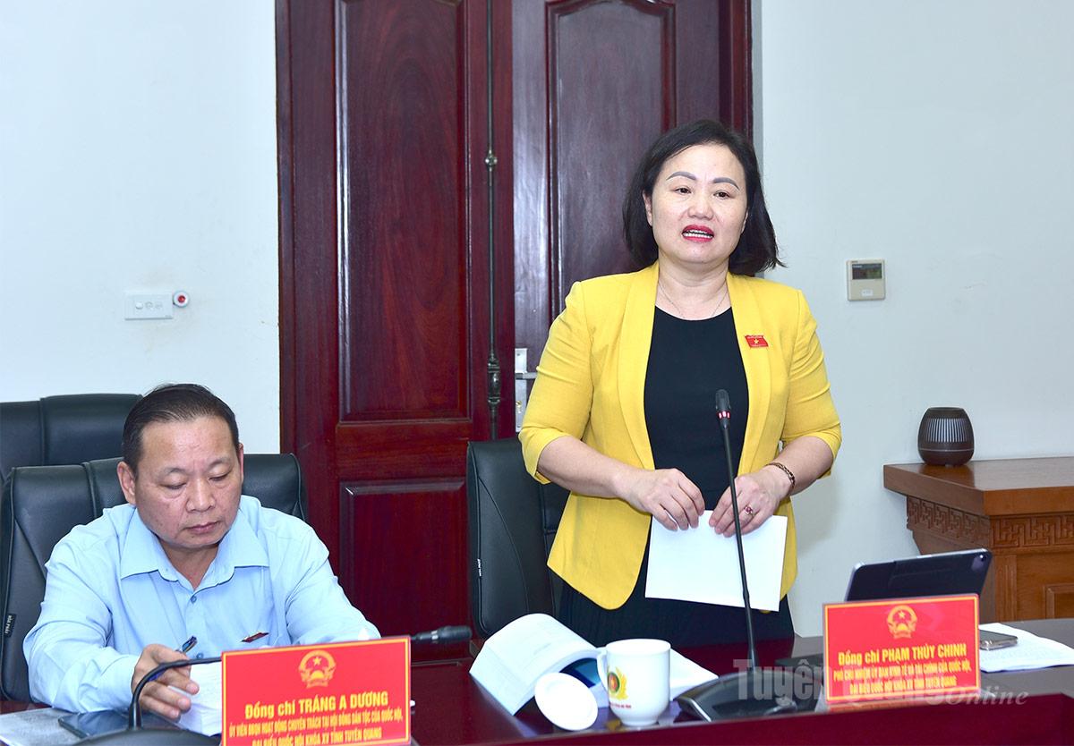 Đồng chí Phạm Thúy Chinh, Phó Chủ nhiệm Ủy ban Kinh tế và Tài chính của Quốc hội đóng góp ý kiến tại hội nghị.