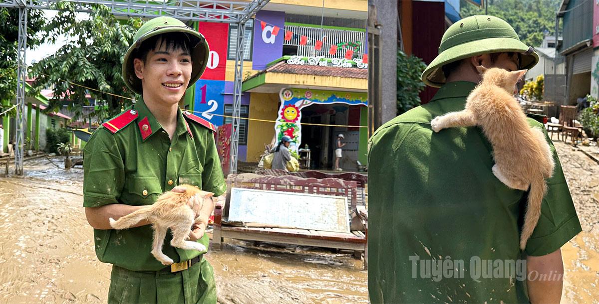 Trong lúc dọn dẹp sau lũ, một chiến sĩ phát hiện con mèo nhỏ ướt sũng, run rẩy giữa đống đổ nát. Giữa bùn đất ngổn ngang, hành động cứu con vật như một điểm sáng ấm áp.