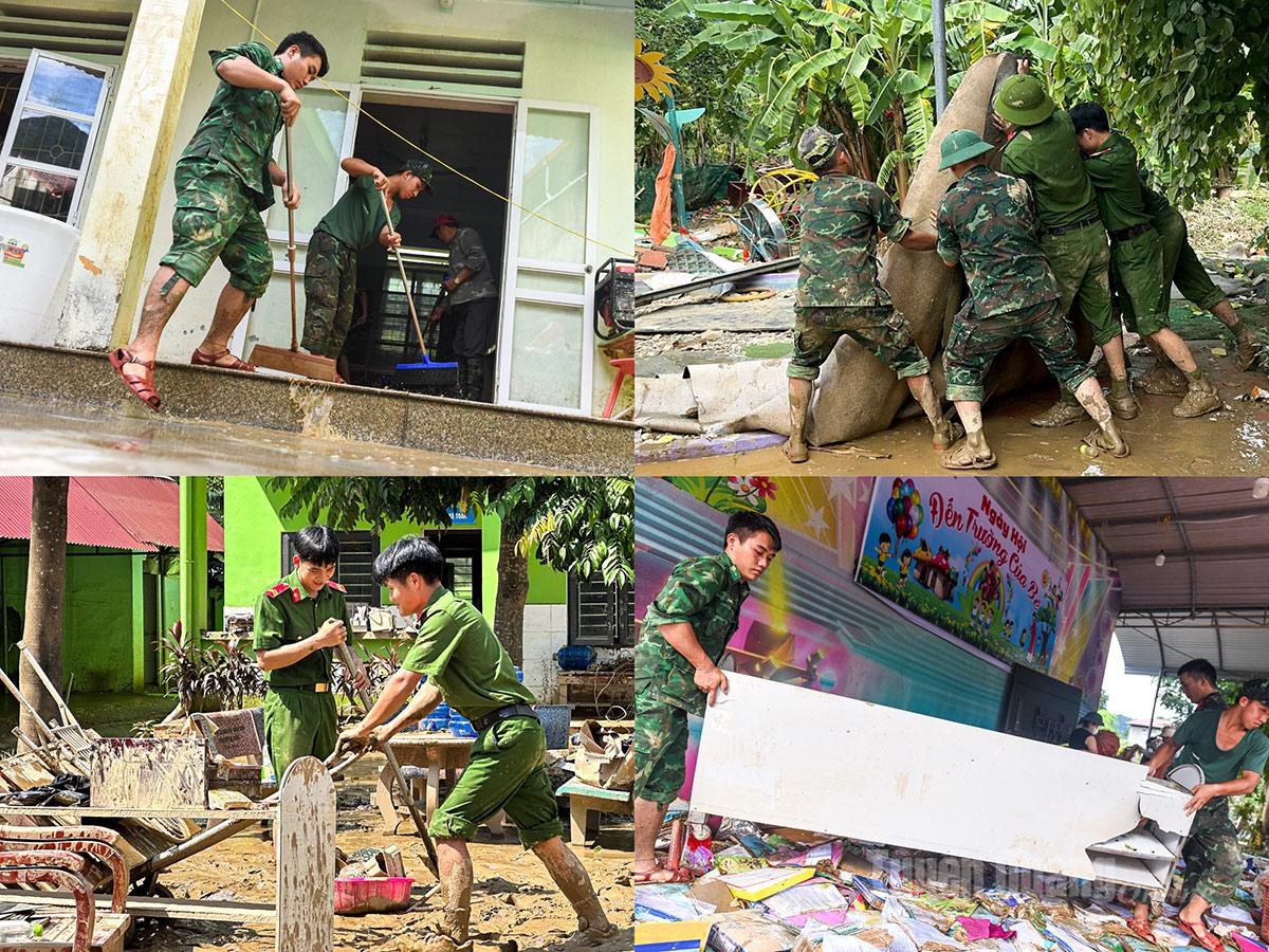 Khi nước rút, cán bộ, chiến sĩ lực lượng vũ trang cùng người dân bắt tay dọn dẹp, khắc phục những tàn dư mà trận lũ để lại.
