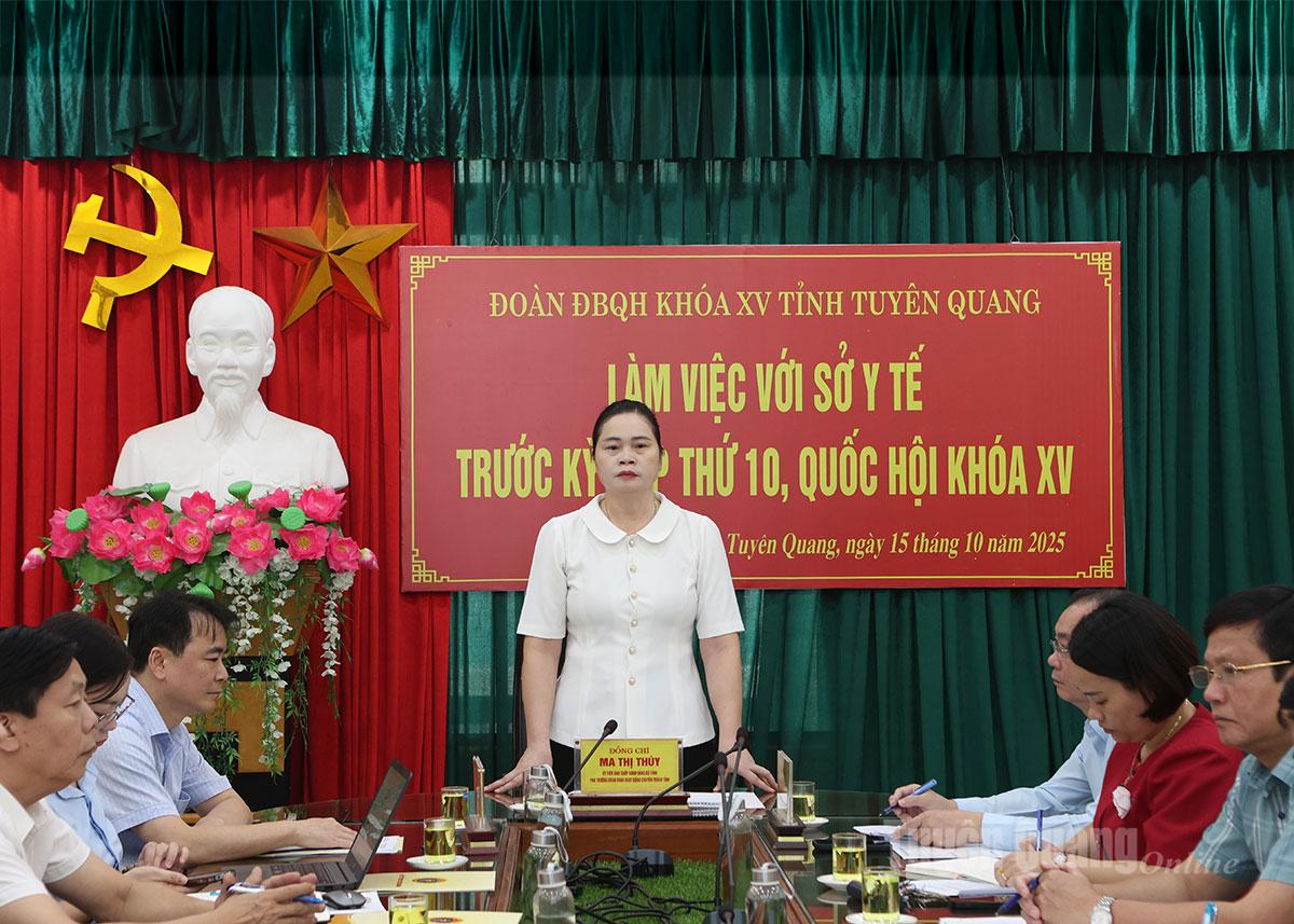 Đồng chí Ma Thị Thúy, Ủy viên Ban Chấp hành Đảng bộ tỉnh, Phó Trưởng đoàn ĐBQH hoạt động chuyên trách tỉnh phát biểu tại buổi làm việc.