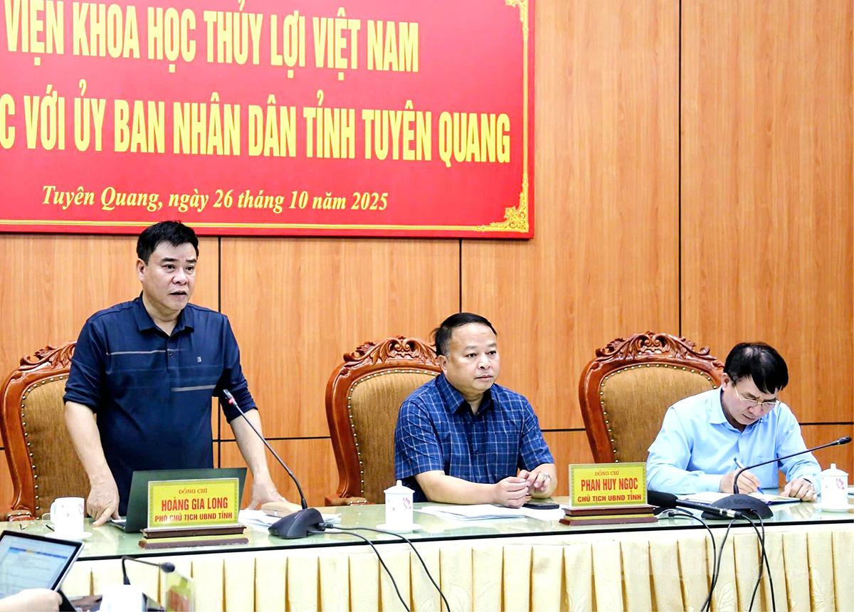 Phó Chủ tịch UBND tỉnh Hoàng Gia Long nêu ý kiến tại buổi làm việc.