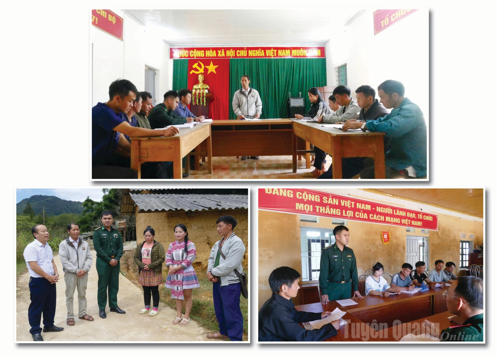 Đảng viên Biên phòng tham gia sinh hoạt, đóng góp ý kiến xây dựng tại buổi sinh hoạt chi bộ thôn, bản khu vực biên giới xã Xín Mần.