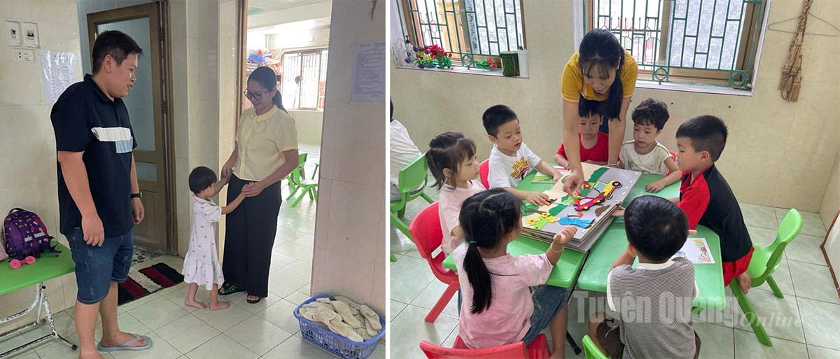 Sáng 3-10, Trường mầm non Tân Trào, phường Minh Xuân đã đón học sinh trở lại học bình thường. Ảnh: Lý Thịnh