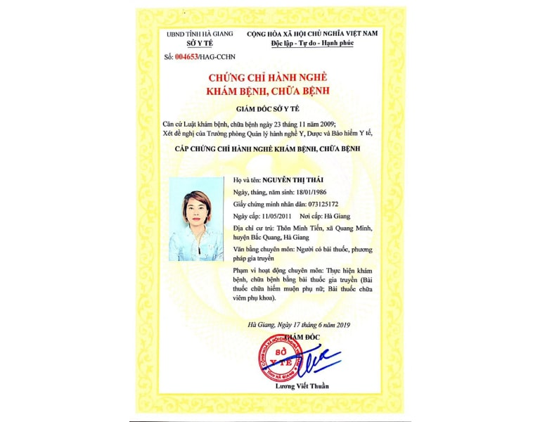 Giấy phép hành nghề khám chữa bệnh hợp pháp của Lương Y Nguyễn Thị Thái