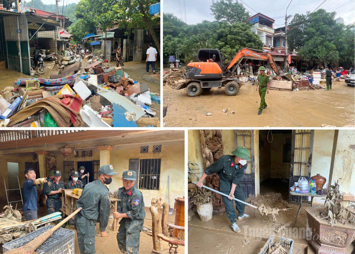 Các lực lượng chức năng và người dân tổ 17 Trần Phú, phường Hà Giang 2 bắt tay vào dọn dẹp vệ sinh và khắc phục hậu quả lũ lụt. Ảnh: Tạ Hương