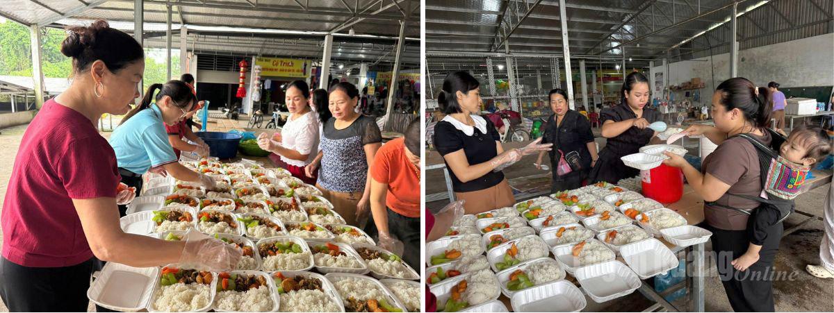 Hội LHPN xã Vị Xuyên phối hợp với chi hội phụ nữ thôn Vạt hỗ trợ gần 400 xuất ăn cho các hộ dân đang bị cô lập tại khu vực Việt Lâm cũ. Ảnh: Như Quỳnh